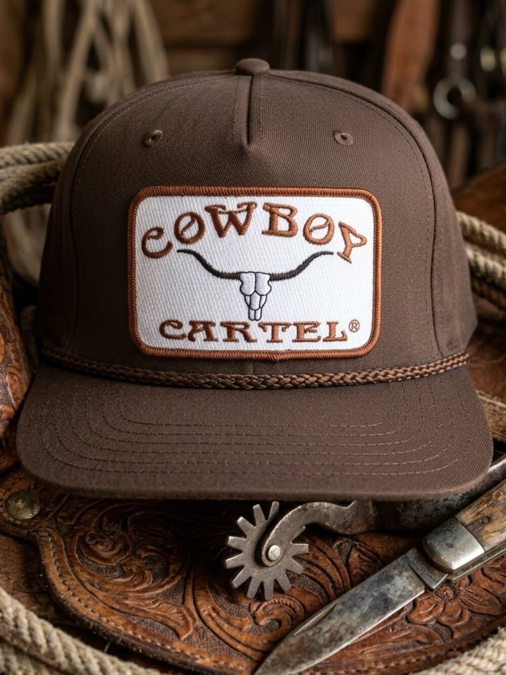 Retro Cowboy Cartel Hat Longhorn Skull Patch Brown Twill Rope Snapback Cap USA